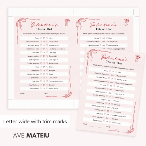 Galentine’s Day printable games formatted in US Letter wide size with trim marks for easy cutting.