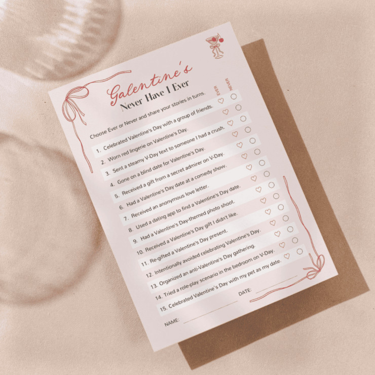 Galentine’s Day printable game “Never Have I Ever” designed for a fun and playful girls’ night.