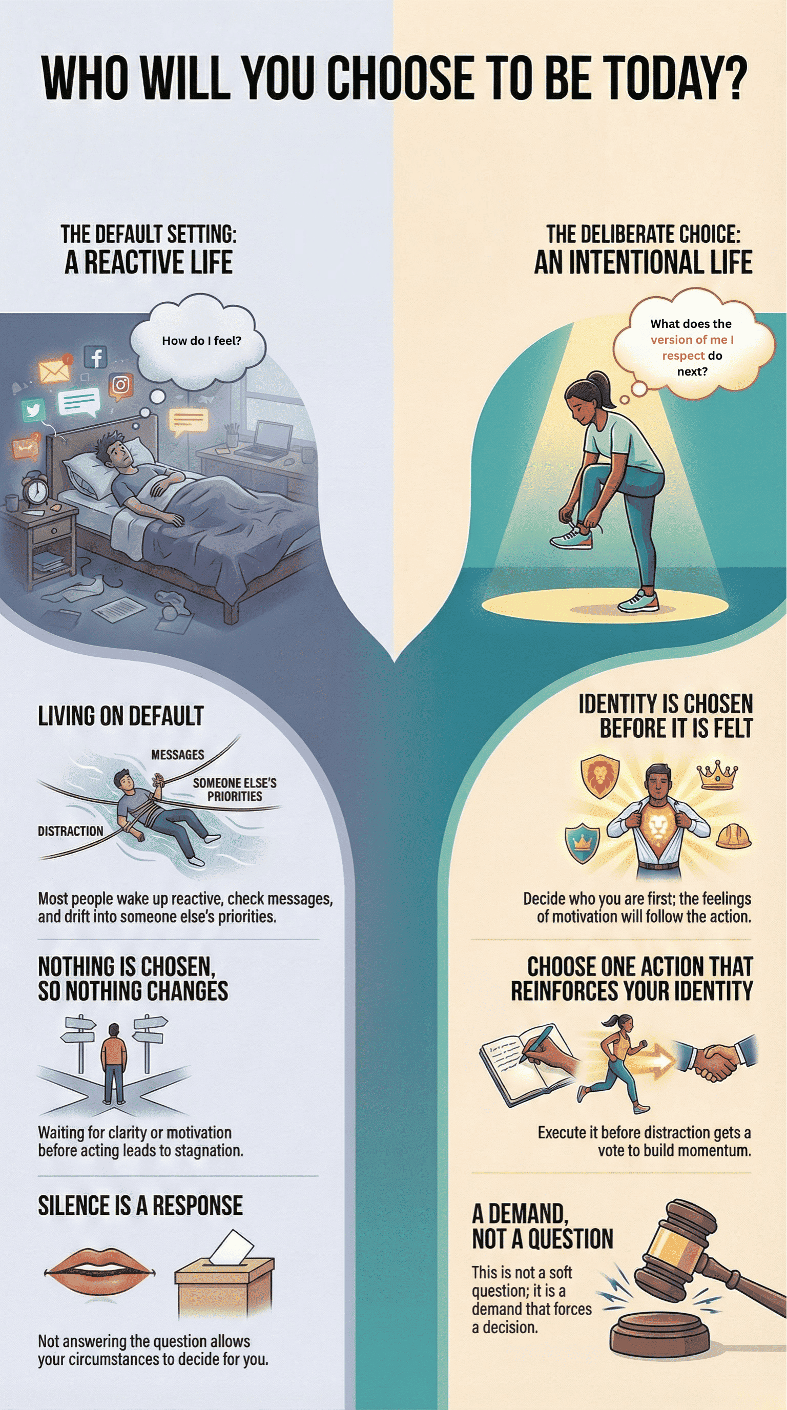 Infographic contrast between "The Default Setting: A Reactive Life" and "The Deliberate Choice: An Intentional Life." Left side shows a person in bed surrounded by distractions, with text emphasizing passivity. Right side depicts a person exercising, focusing on setting intentions and choosing actions. Themes of reactivity versus proactivity, choice versus default, and identity formation are highlighted throughout. Tone is motivational.