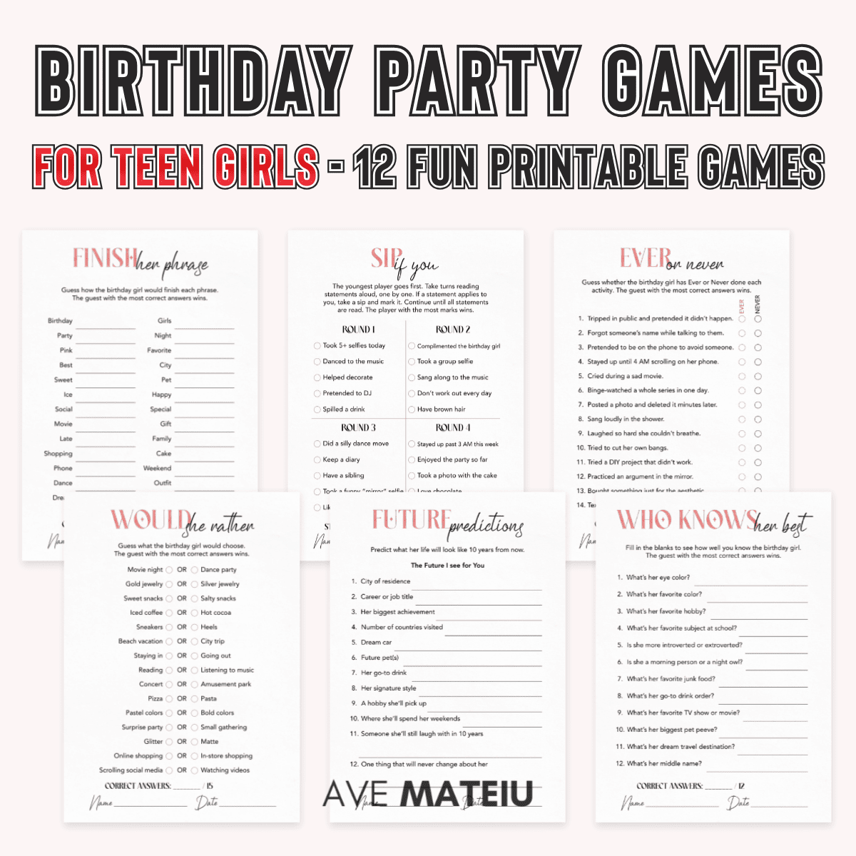 Birthday Party Games for Teen Girls Printable | 12 Fun Games Blush Minimalist Cover with 6 Game Examples
