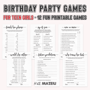 Birthday Party Games for Teen Girls Printable | 12 Fun Games Modern Calligraphy Cover with 6 Game Examples