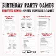 Birthday Party Games for Teen Girls Printable | 12 Fun Games Vintage Muse Cover with 6 Game Examples