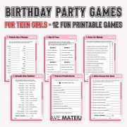 Birthday Party Games for Teen Girls Printable | 12 Fun Games Y2K Pink Cover with 6 Game Examples