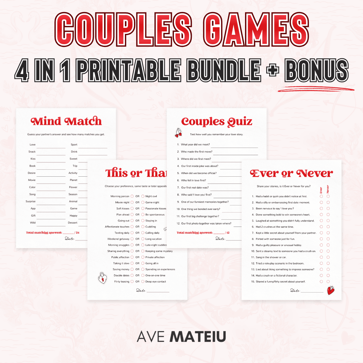 Couples games printable bundle for date nights and Valentine’s Day with 4 fun couples games and freebie Coupon Book of Love – Vintage Muse