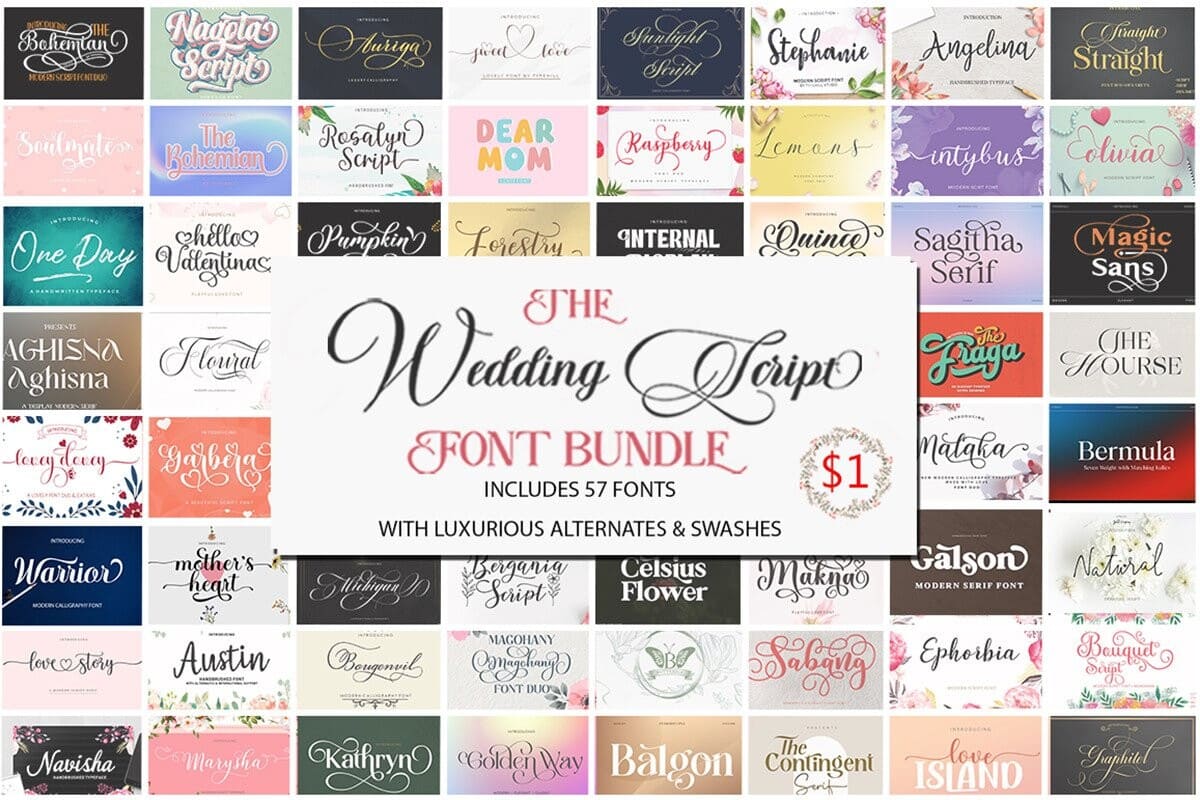 The Wedding Script Font Bundle Wedding Script Font Bundle preview with elegant script and serif fonts