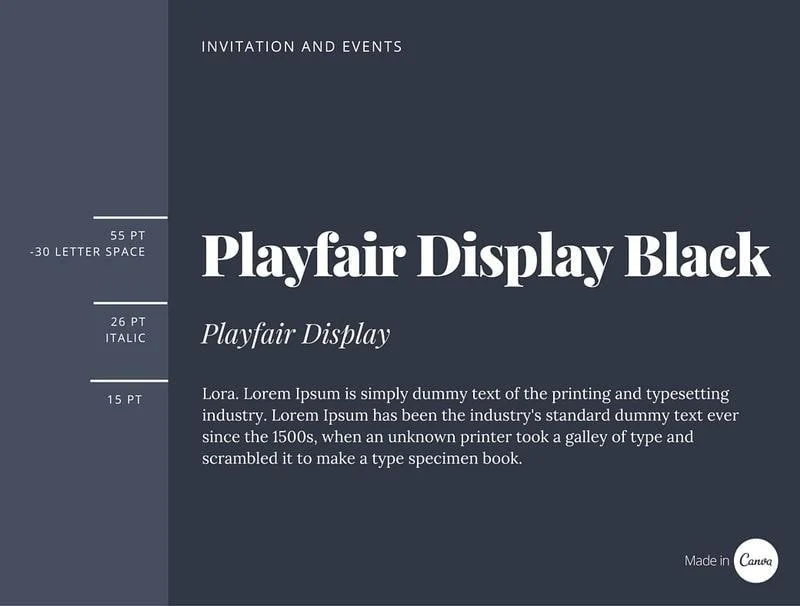 How to pair fonts for invitation and events Example of how to pair fonts for invitations using Playfair Display and Lora for an elegant event design.