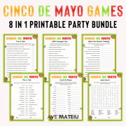 Cinco de Mayo Games Printable bundle preview with fun Cinco de Mayo games including True or False, Selfie Scavenger Hunt, What's the Mariachi Thinking, This or That, Think Fast, and Word Search in Cute Kawaii style
