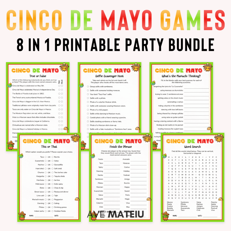 Cinco de Mayo Games Printable bundle preview with fun Cinco de Mayo games including True or False, Selfie Scavenger Hunt, What's the Mariachi Thinking, This or That, Think Fast, and Word Search in Cute Kawaii style