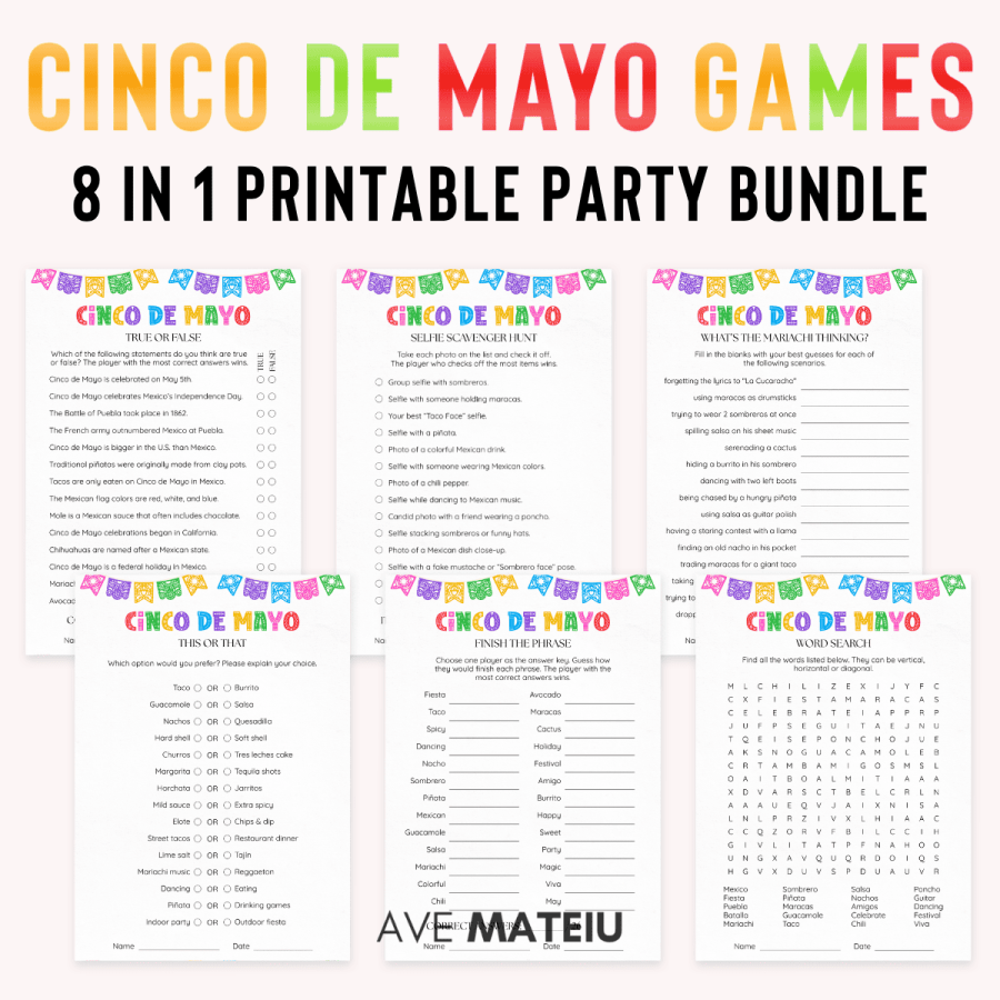 Cinco de Mayo Games Printable bundle preview with fun Cinco de Mayo party games including True or False, Selfie Scavenger Hunt, What's the Mariachi Thinking, This or That, Think Fast, and Word Search in Fiesta Tradicional style