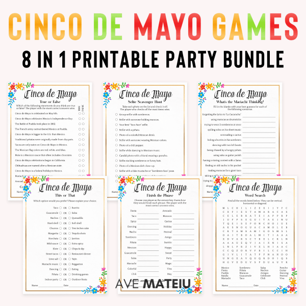 Cinco de Mayo Games Printable bundle featuring fun Cinco de Mayo games including True or False, Selfie Scavenger Hunt, What's the Mariachi Thinking, This or That, Think Fast, and Word Search in Golden Soirée style