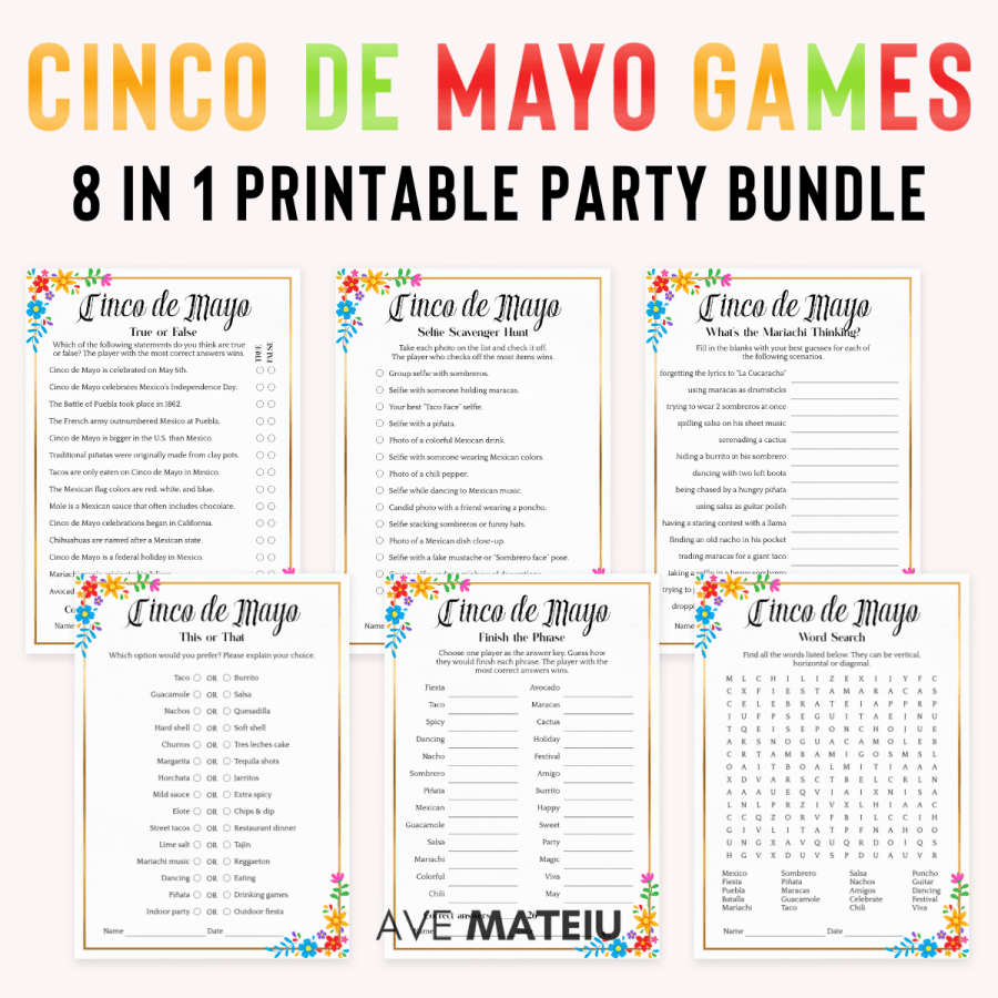 Cinco de Mayo Games Printable bundle featuring fun Cinco de Mayo games including True or False, Selfie Scavenger Hunt, What's the Mariachi Thinking, This or That, Think Fast, and Word Search in Golden Soirée style
