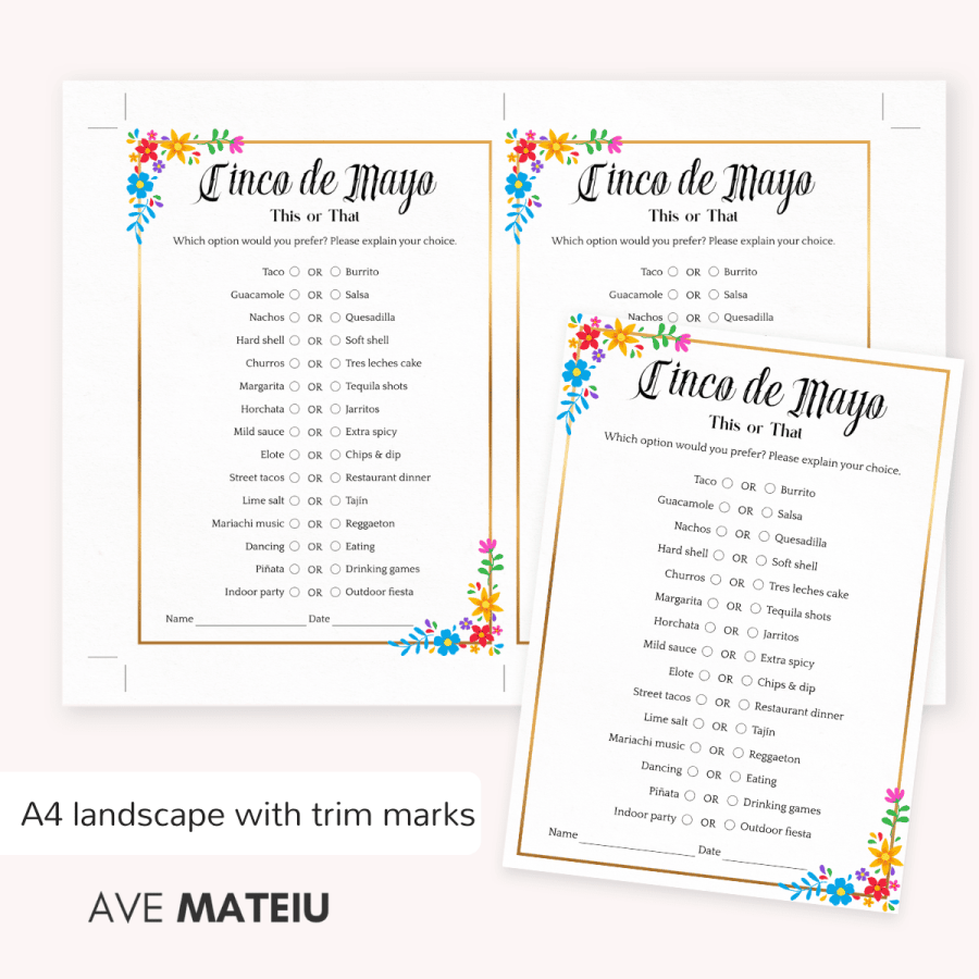 Cinco de Mayo This or That printable game on A4 landscape with trim marks for Cinco de Mayo party games for adults or family gatherings