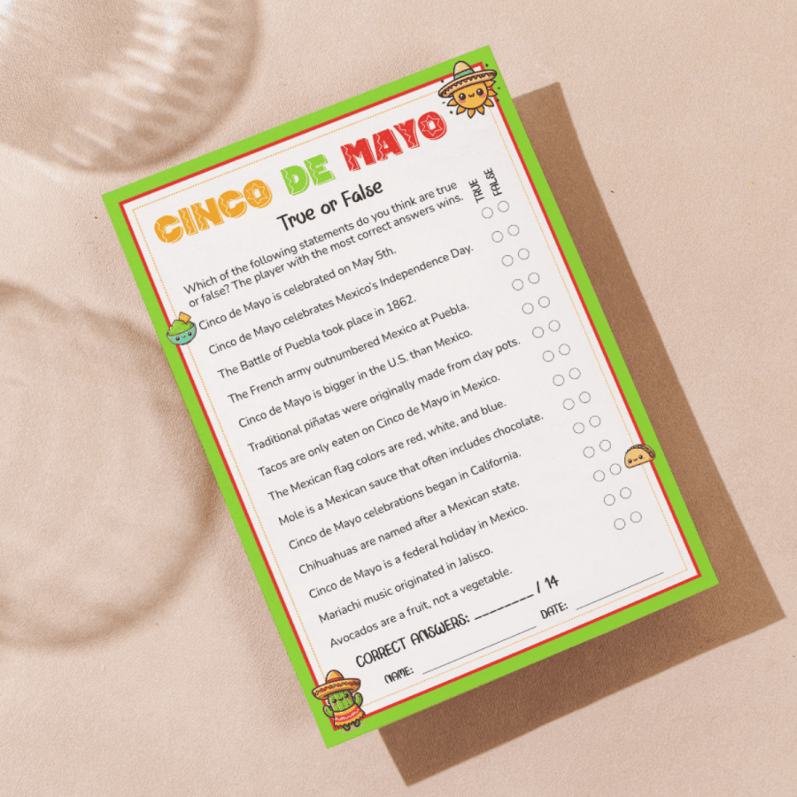 Cinco de Mayo True or False printable game in Cute Kawaii design perfect for fun Cinco de Mayo games for work, parties, or family events