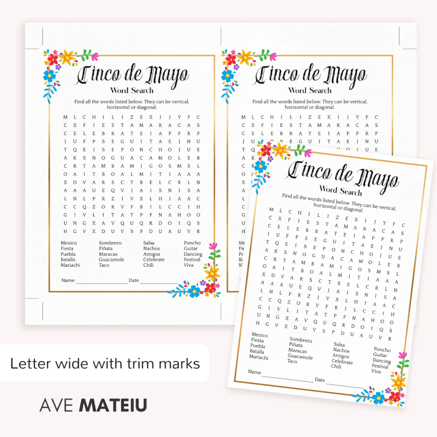 Cinco de Mayo Word Search printable game with two cards on letter size page and trim marks, ideal for games to play at a Cinco de Mayo party