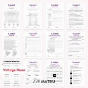 Printable Easter Games bundle with 12 activities including Word Search, Mad Libs, Family Feud, Scavenger Hunt, Charades, Find Someone Who, and Easter Bingo in Vintage Muse style