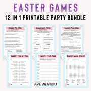 Easter Printable Games bundle preview featuring fun Easter games like Riddle Me This, Word Search, Think Fast, Scavenger Hunt, and This or That in Cute Kawaii style