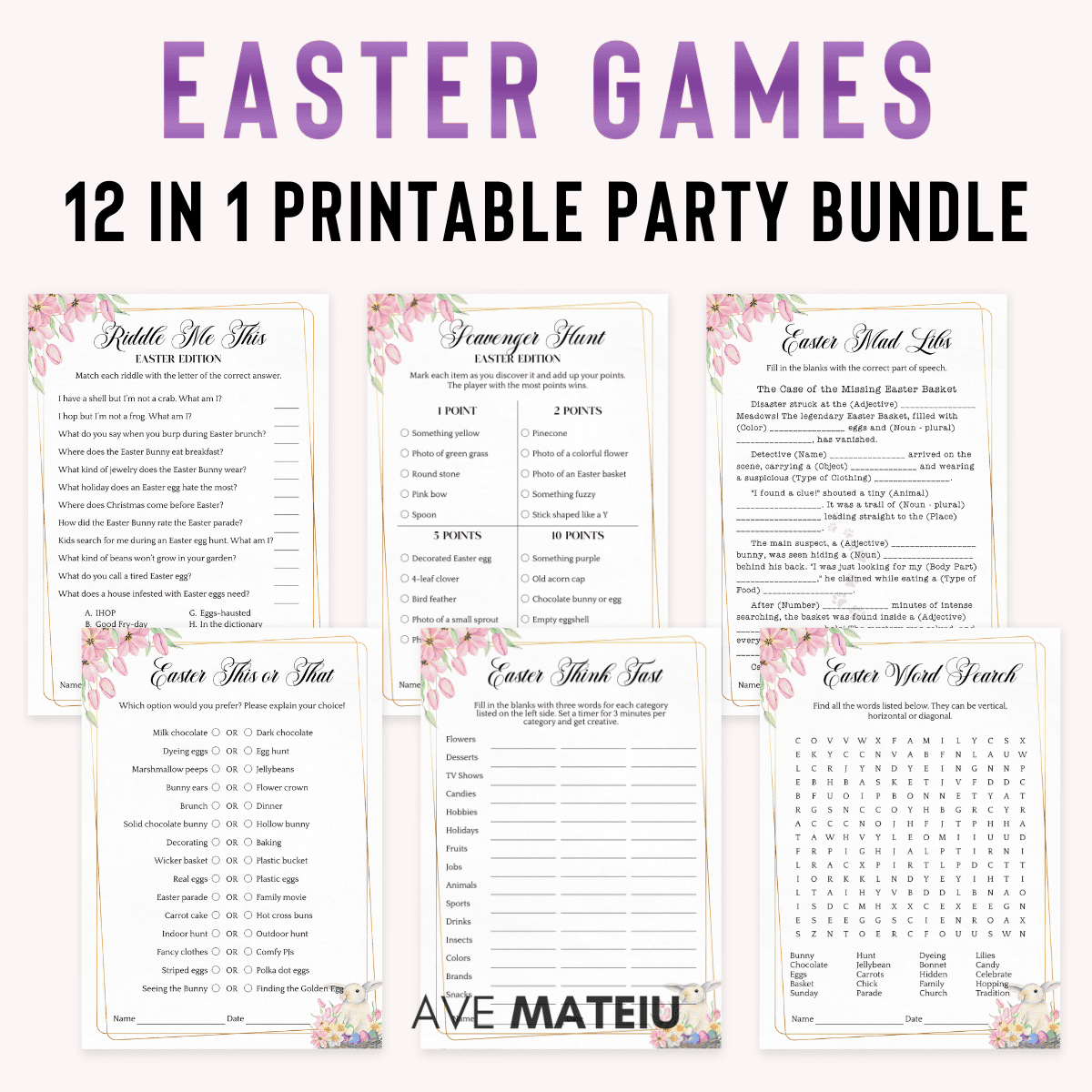 Easter Printable Games bundle with 12 fun Easter party games including Word Search, Mad Libs, Scavenger Hunt, Think Fast, and more printable Easter games for family, classrooms, and Sunday school