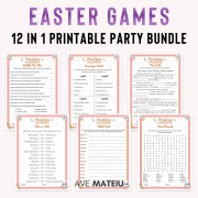 Easter Games Printable bundle preview showing fun Easter games including Riddle Me This, Scavenger Hunt, Mad Libs, This or That, Think Fast, and Word Search in Retro Pop style