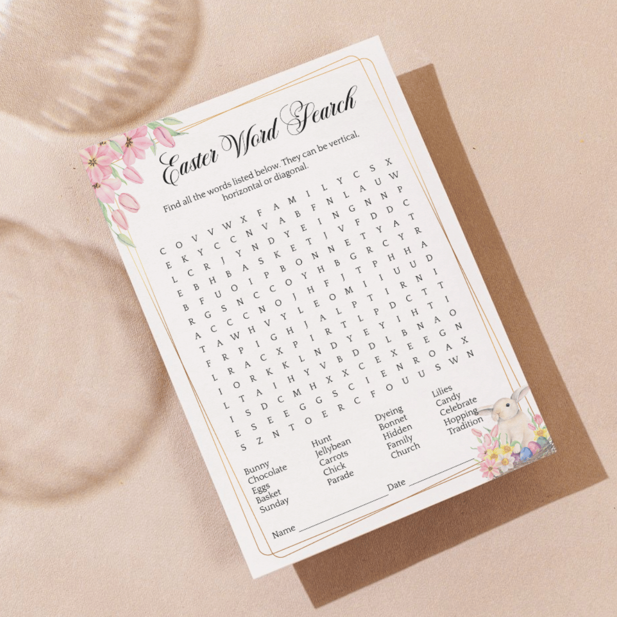 Printable Easter word search puzzle in Golden Soirée style perfect for Easter games for the classroom, family gatherings, and printable activities for kids