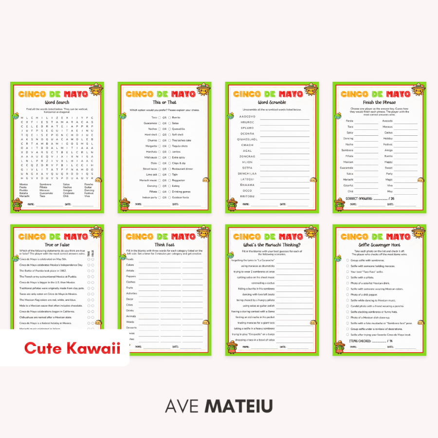 Cinco de Mayo Games Printable bundle with 8 party games including Word Search, This or That, Word Scramble, Finish the Phrase, True or False, Think Fast, Selfie Scavenger Hunt, and What's the Mariachi Thinking in Cute Kawaii style
