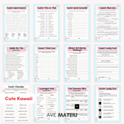 Printable Easter Games bundle including Word Search, Mad Libs, Riddle Me This, Family Feud, Scavenger Hunt, Charades, and Candy Dice in Cute Kawaii design