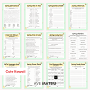 Printable Spring Games bundle with 12 activities including Word Search, Flower Match, Find Someone Who, Charades, and Candy Guess in Cute Kawaii design