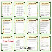 Printable St Patrick's Day Games bundle including Word Search, Word Scramble, Think Fast, Scavenger Hunt, Most Likely To, and Leprechaun themed party games