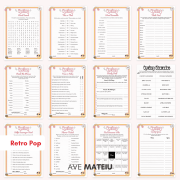 Spring Games Printable bundle with 12 fun party activities including Word Search, Word Scramble, Think Fast, Charades, Selfie Scavenger Hunt, and more in Retro Pop style