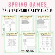 Spring Printable Games bundle preview featuring six activities including Selfie Scavenger Hunt, Word Search, Think Fast, and This or That in Cute Kawaii style