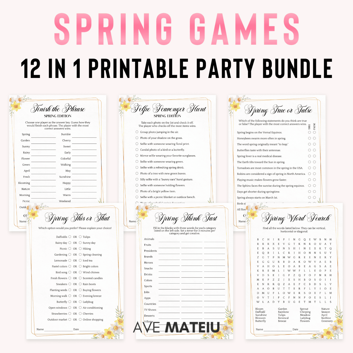 Spring Printable Games Bundle with 12 fun Spring Party Games including Word Search, Selfie Scavenger Hunt, This or That, Think Fast, and more printable activities for kids and adults
