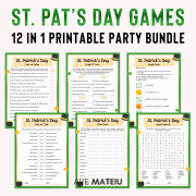 St Patrick's Day Games Printable bundle preview featuring fun St Patrick's Day games including Drink If You, Candy Dice, Think Fast, Word Search, and This or That in Cute Kawaii style