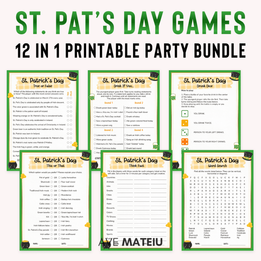 St Patrick's Day Games Printable bundle preview featuring fun St Patrick's Day games including Drink If You, Candy Dice, Think Fast, Word Search, and This or That in Cute Kawaii style