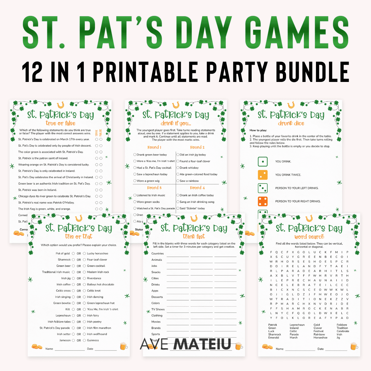 St Patrick's Day Games Printable bundle with 12 fun St Patrick's Day party games including Drink If You, Think Fast, Word Search, and more printable St Patrick's Day games for adults, friends, and family