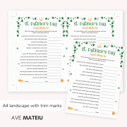 St Patrick's Day Finish the Phrase printable game with two cards on letter size page and trim marks ideal for St Patrick's Day games for adults at work