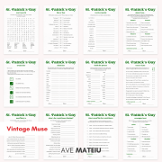 Printable St Patrick's Day Games bundle with 12 activities including Word Search, Drink If You, Think Fast, Scavenger Hunt, Most Likely To, and Leprechaun themed party games