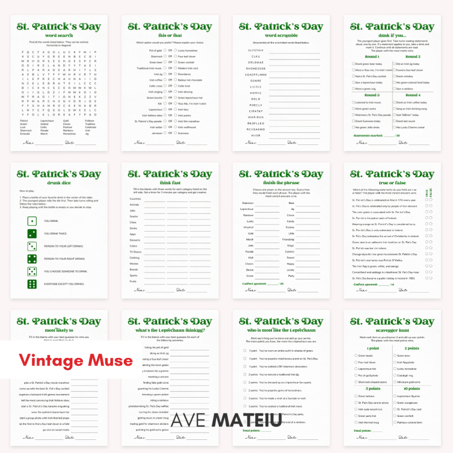Printable St Patrick's Day Games bundle with 12 activities including Word Search, Drink If You, Think Fast, Scavenger Hunt, Most Likely To, and Leprechaun themed party games