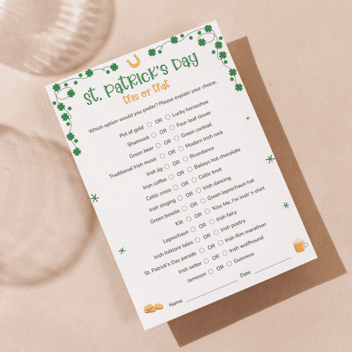 Printable St Patrick's Day This or That game in OG design style perfect for St Patrick's Day group games and party games to play with friends