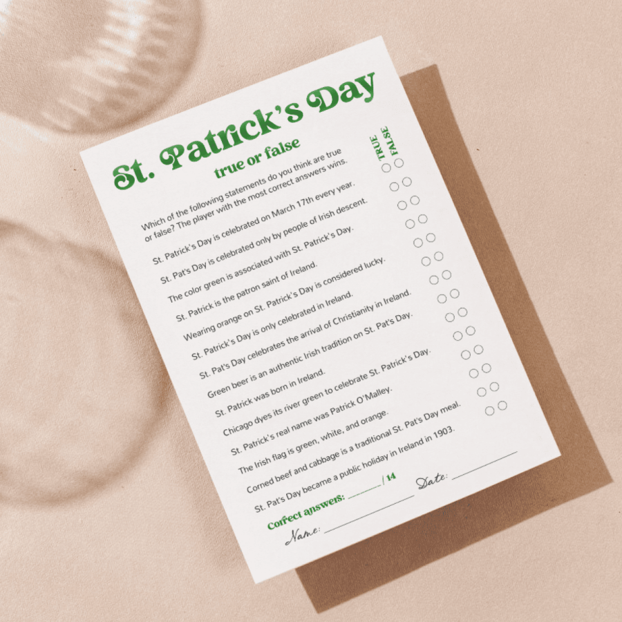 St Patrick's Day True or False printable game in Vintage Muse style perfect for St Patrick's Day games for seniors or family gatherings