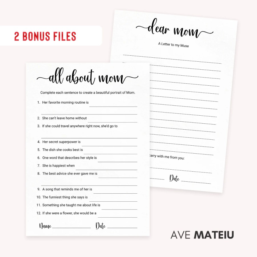 Mother's Day bonus printables including All About Mom and Dear Mom cards in Modern Calligraphy design, ideal for printable Mother's Day games and keepsakes