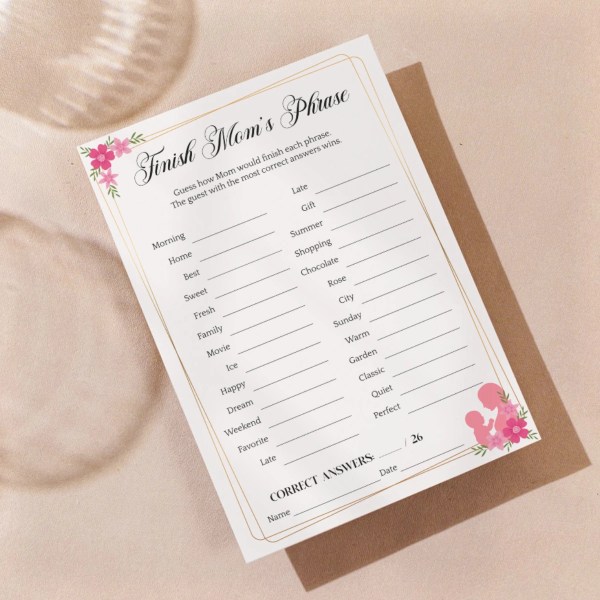 Mother's Day Finish Mom's Phrase printable game in Golden Soirée design, perfect for mother's day brunch games printable and family celebrations