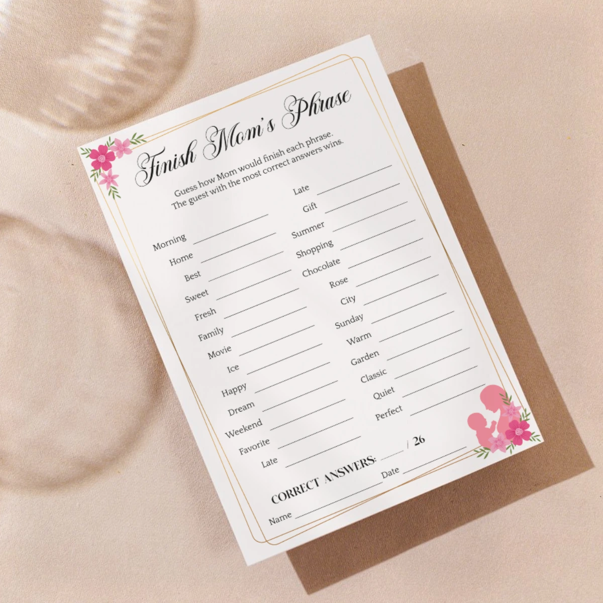 Mother's Day Finish Mom's Phrase printable game in Golden Soirée design, perfect for mother's day brunch games printable and family celebrations