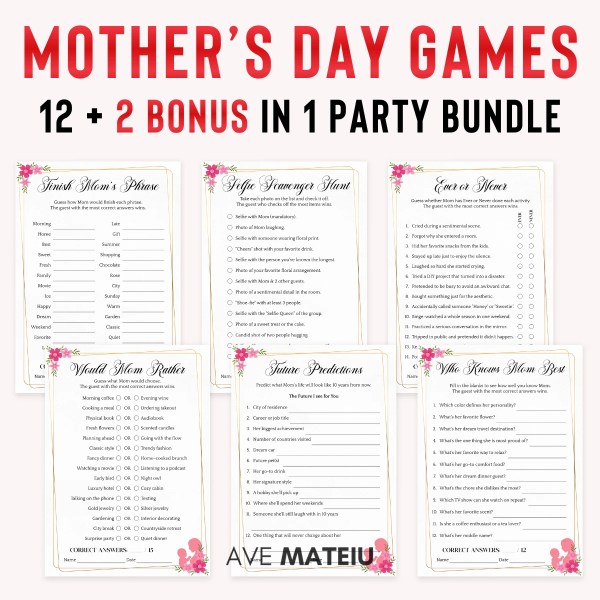 Mother's day games printable bundle with 12 party games plus bonus files, featuring Who Knows Mom Best, Future Predictions, Would Mom Rather, Ever or Never, Selfie Scavenger Hunt, and Finish Mom's Phrase in Golden Soirée style