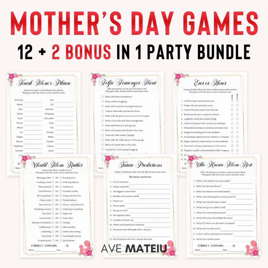 Mother's day games printable bundle with 12 party games plus bonus files, featuring Who Knows Mom Best, Future Predictions, Would Mom Rather, Ever or Never, Selfie Scavenger Hunt, and Finish Mom's Phrase in Golden Soirée style