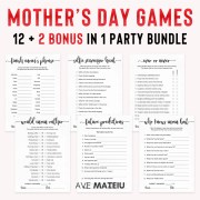 Mother's day games printable bundle with 12 party games plus bonus files, featuring Who Knows Mom Best, Future Predictions, Would Mom Rather, Ever or Never, Selfie Scavenger Hunt, and Finish Mom's Phrase in Modern Calligraphy style