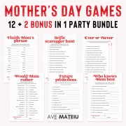 Mother's day games printable bundle with 12 party games plus bonus activities, featuring Who Knows Mom Best, Would Mom Rather, Ever or Never, Selfie Scavenger Hunt, and Finish Mom's Phrase in Vintage Muse style