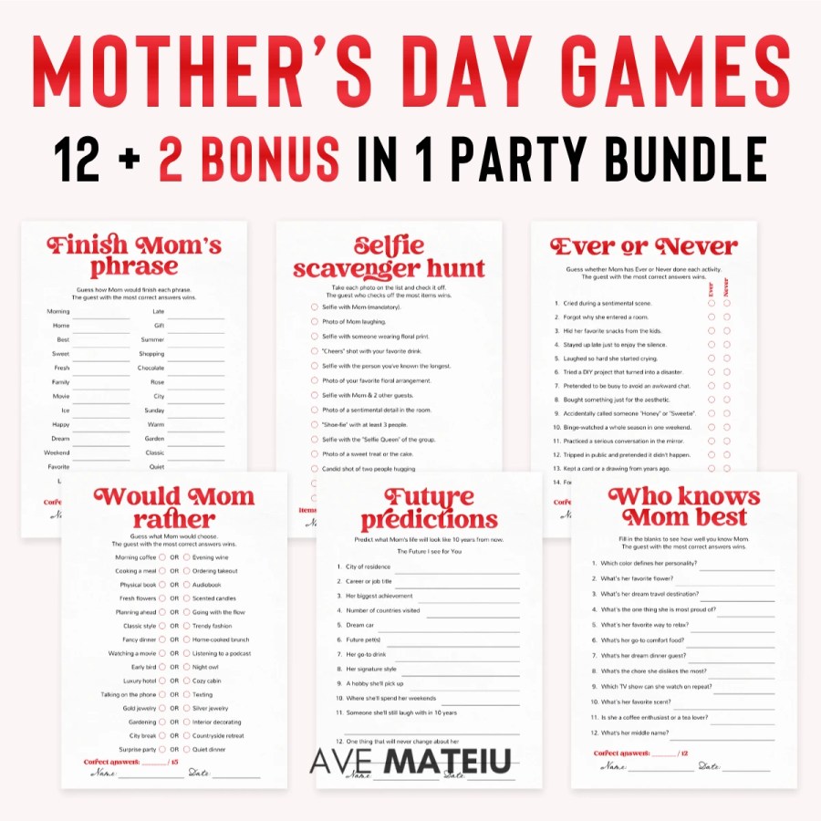 Mother's day games printable bundle with 12 party games plus bonus activities, featuring Who Knows Mom Best, Would Mom Rather, Ever or Never, Selfie Scavenger Hunt, and Finish Mom's Phrase in Vintage Muse style