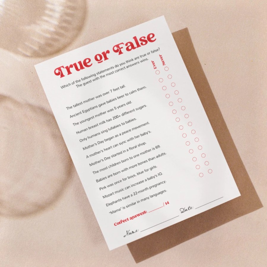 Mother's Day True or False printable game in Vintage Muse style, great for mother's day brunch games printable and family celebrations