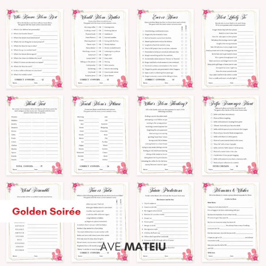 Printable Mother's Day games bundle with 12 activities including Who Knows Mom Best, Would Mom Rather, Most Likely To, Think Fast, Word Scramble, True or False, Future Predictions, and Memories and Wishes in Golden Soirée style