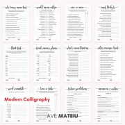 Printable Mother's Day games bundle with 12 activities including Ever or Never, Think Fast, Finish Mom's Phrase, What's Mom Thinking, Selfie Scavenger Hunt, and Future Predictions in Modern Calligraphy style