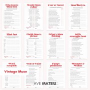 Printable Mother's Day games bundle with 12 activities including Who Knows Mom Best, Most Likely To, Word Scramble, True or False, Future Predictions, and Memories and Wishes in Vintage Muse design